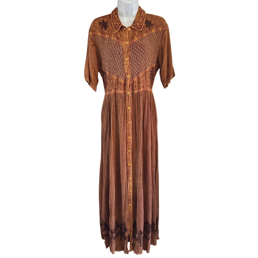90s M.P.H. Maxi Dress Bohemian Western Earthy Brown Embroidered Button Front L